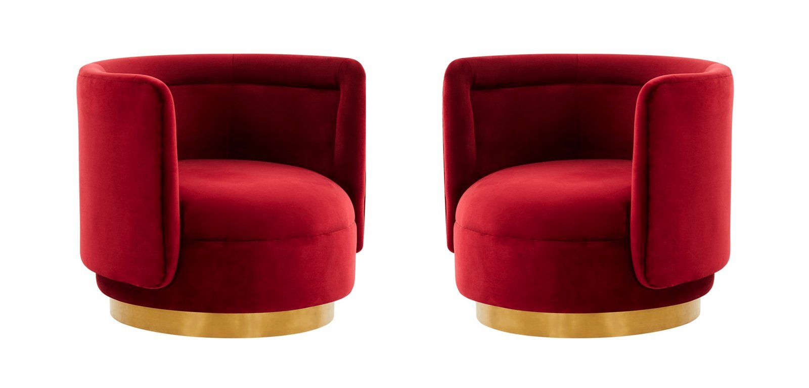 Red velvet swivel accent chairs in a lounge setting